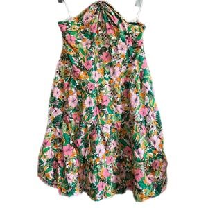 Copper Key Halter Dress Womens Medium Pink Green Floral Tiered Linen Blend